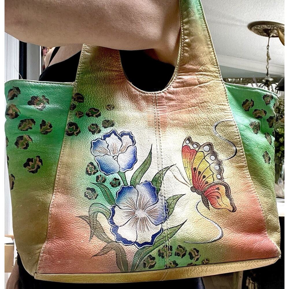 Great American Leather Works hand painted flowers Butterfly Leopard handbag